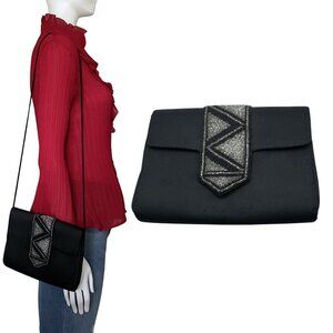 Vintage 90s Black Beaded Evening Bag Envelope Clutch Strap Geometric Formal Prom